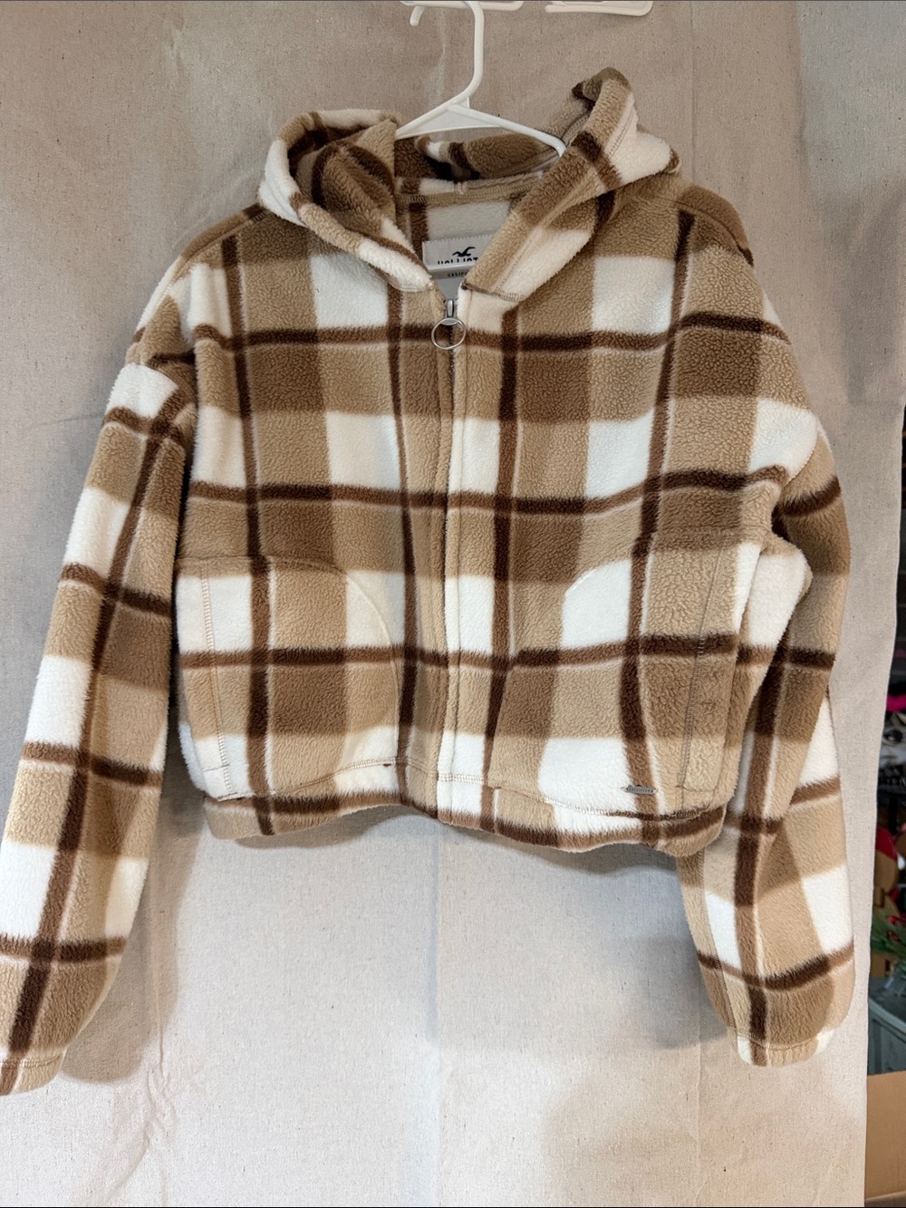 Hollister Brown & White Plaid Fleece Zip Hoodie